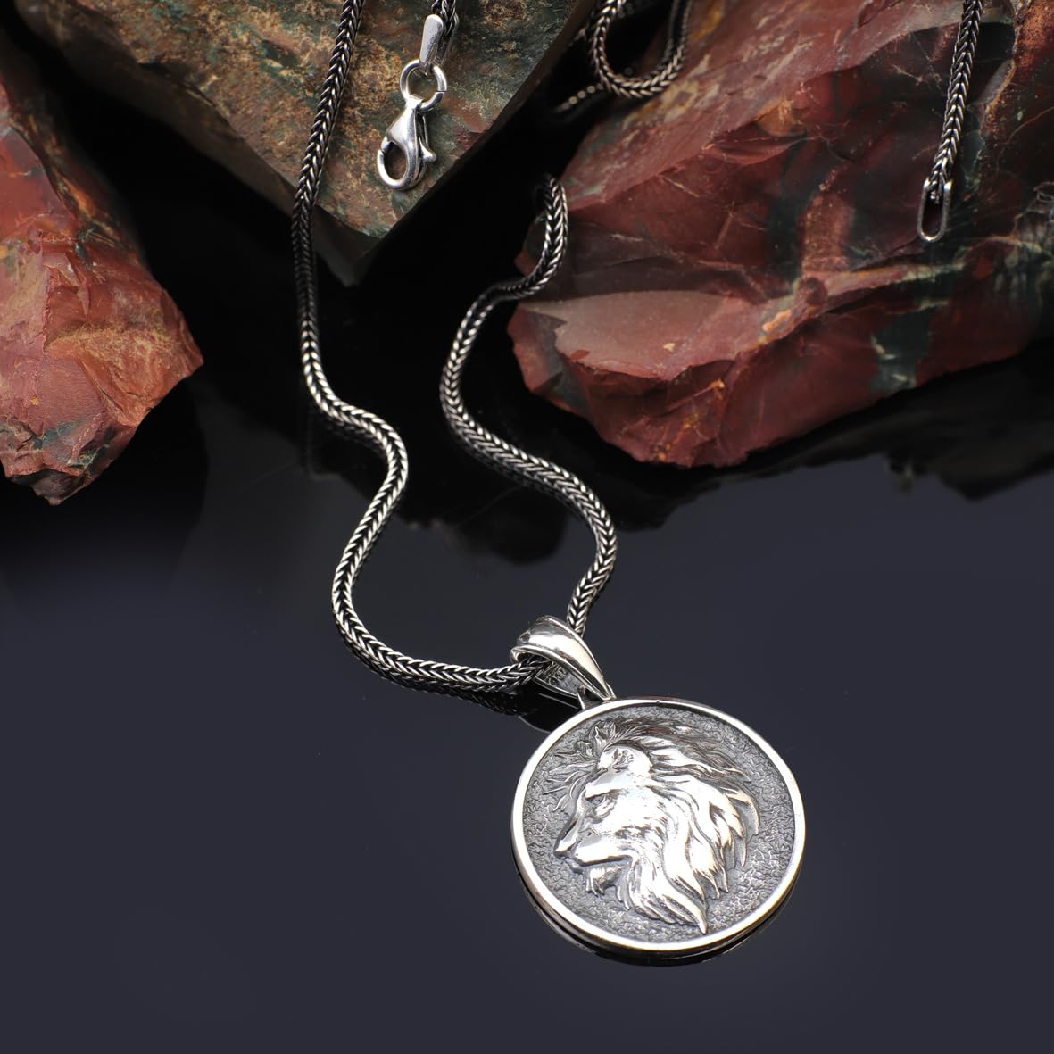 Sterling Silver Lion Necklace for Men - Gothic Biker Pendant with Silver Chain - Men's Pendant Necklace + Silver Cleaning Cloth Gift