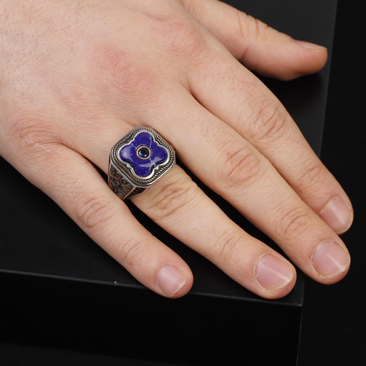 Vintage Handmade Lapis Lazuli Ring with Black Onyx and Micro Stone - 925 Sterling Silver Men's Ring with Gemstone and Silver Polishing Cloth Gift