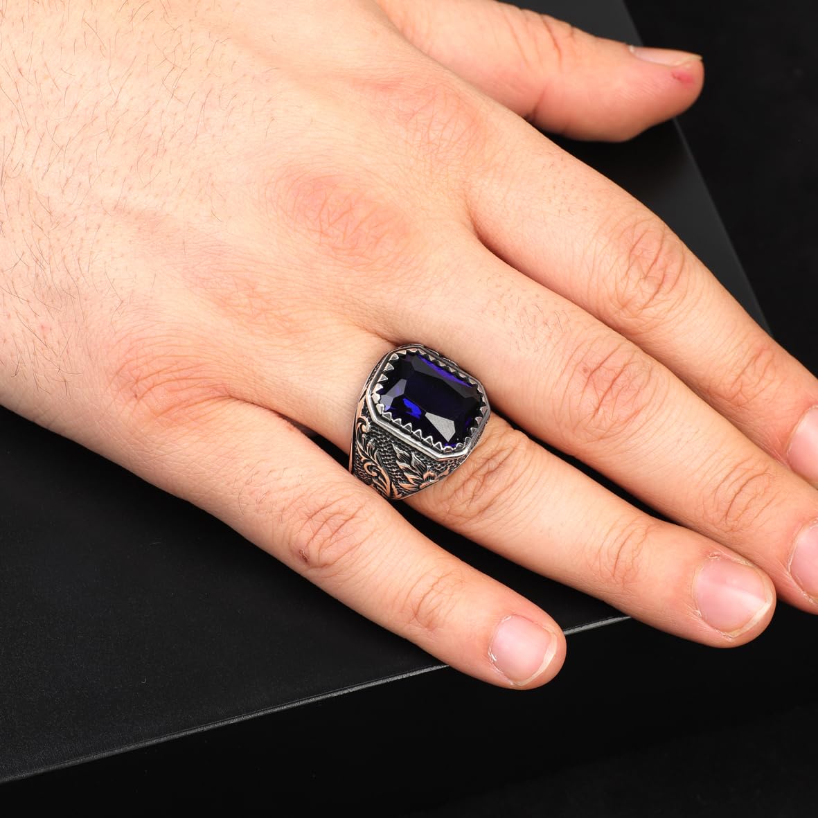 Handmade Blue Sapphire Gemstone Engagement Ring for Men Vintage 925 Sterling Silver