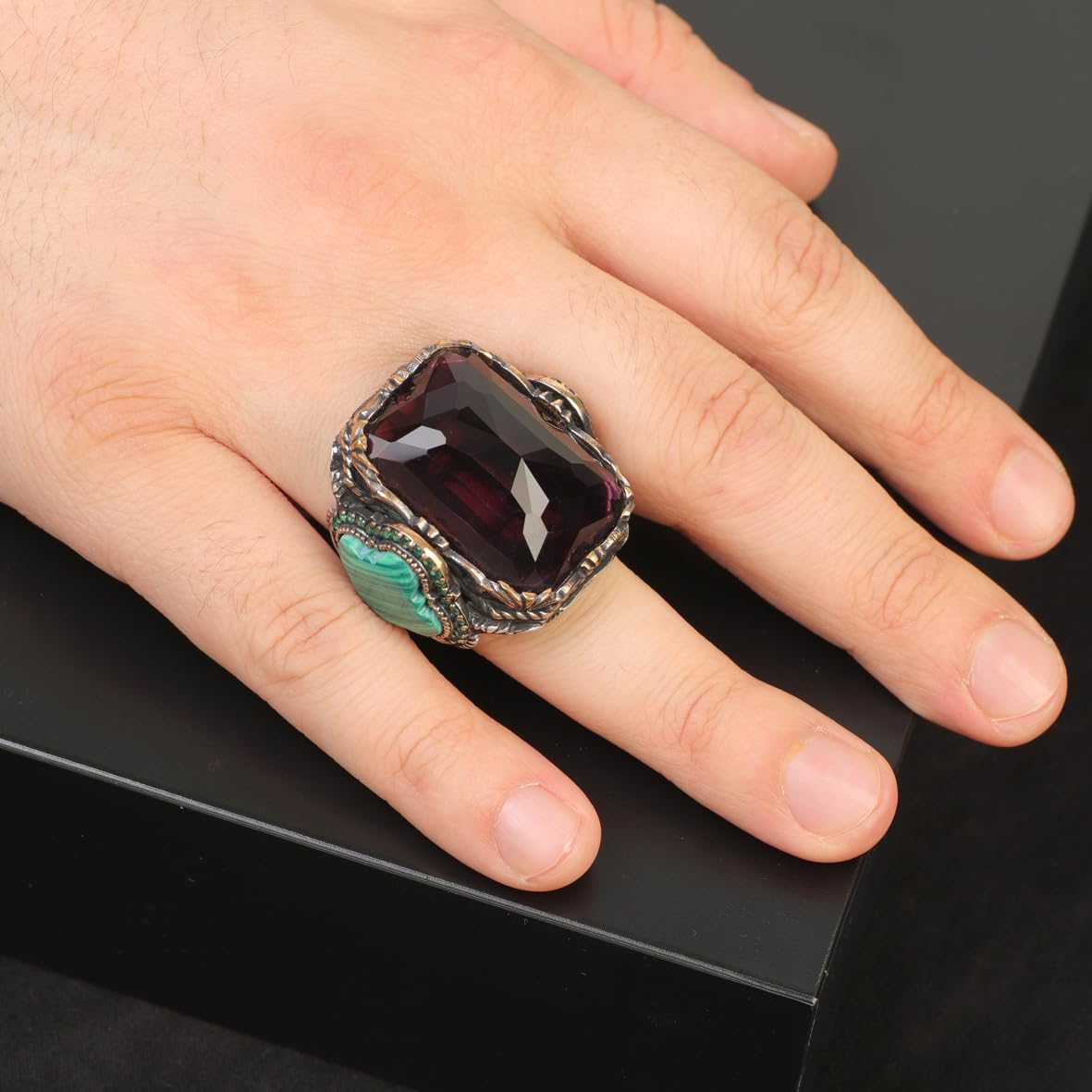 Amethyst & Malachite Ring – Large Statement Chunky Silver Whiskey Barrel Ottoman Vintage Ring – Engagement Promise Gift for Husband