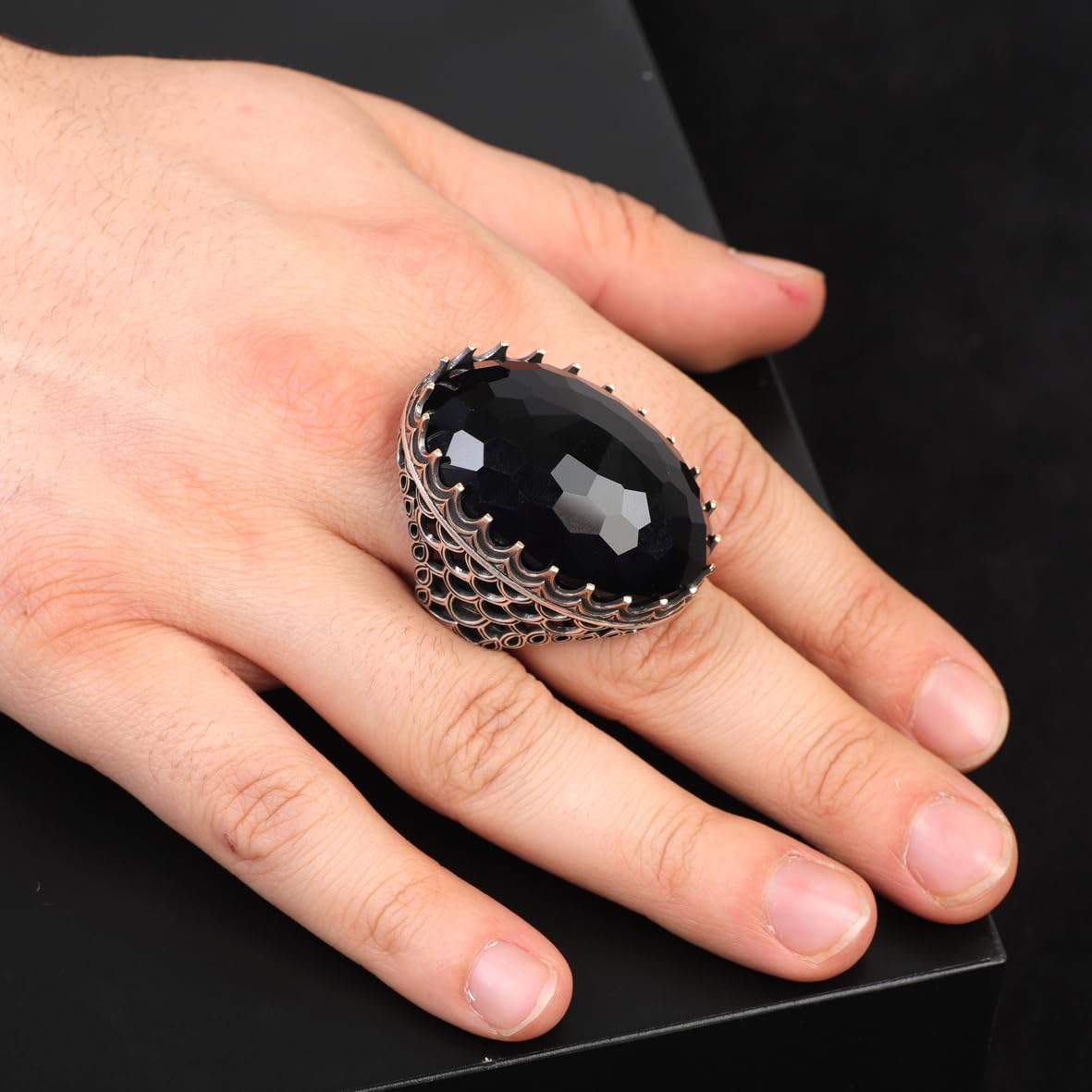 Blue Sapphire Oval Stone Large Ring -Gemstone Ottoman Men Vintage Handmade 925Sterling Silver Rings for Men with Silver Polishing Cloth Gift