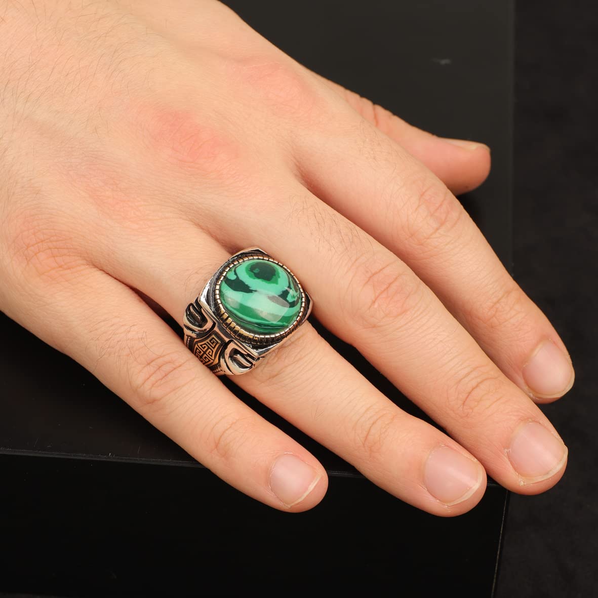 925 K Sterling Silver Malachite Ring Men
