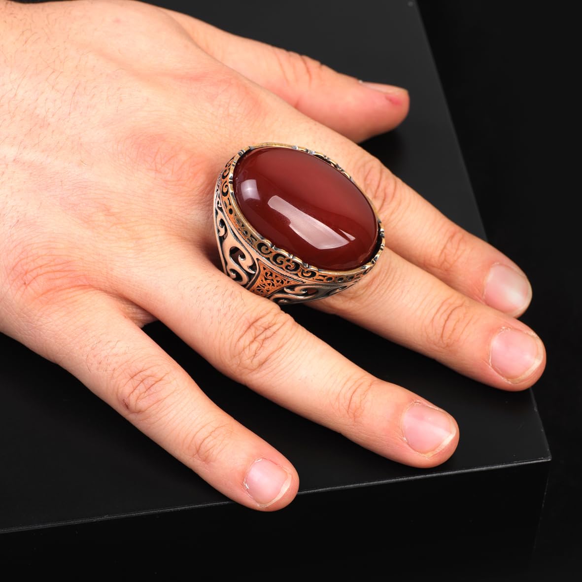 Carnelian Ring - Oval Stone - Large Gemstone Ring - Men's Vintage Handmade 925 Sterling Silver Ring with Silver Polishing Cloth Gift