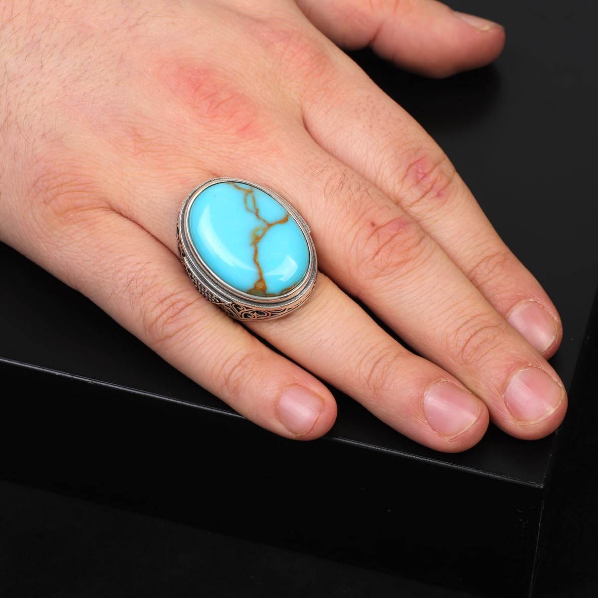 Large Turquoise Ring for Men – Chunky Sterling Silver Gemstone Ring with Micro Sapphire Stone
