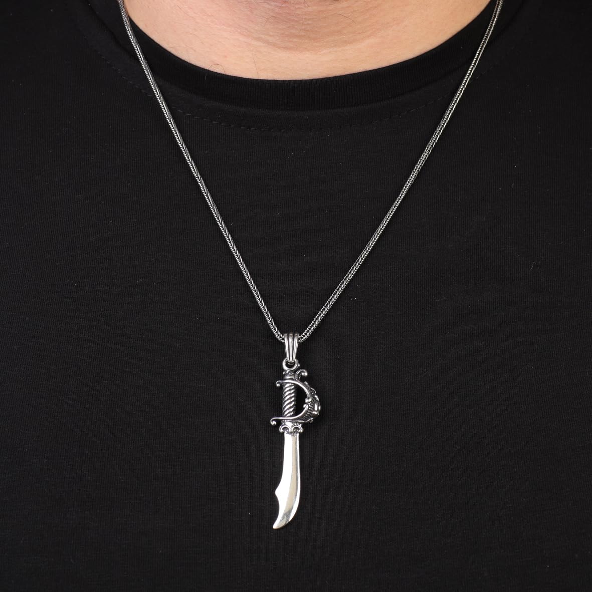 Sterling Silver Sword Necklace – Gothic Mens Pendant on Silver Chain – Biker Necklace with Silver Cleaning Cloth Gift