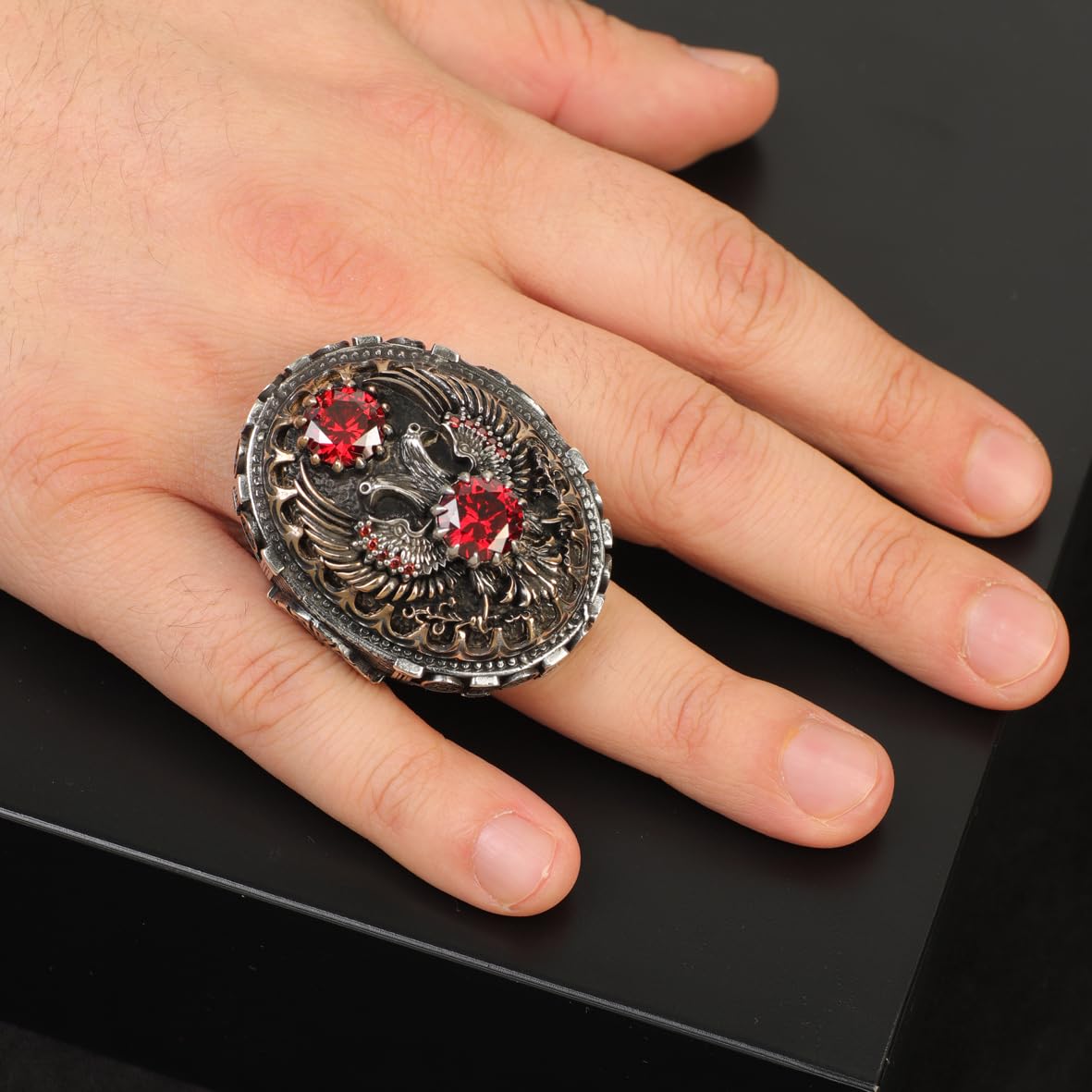 Garnet Eagle Signet Ring Large Statement Whiskey Barrel Chunky Silver Ottoman Vintage 925 Sterling Promise Engagement Gemstone Gift for Husband