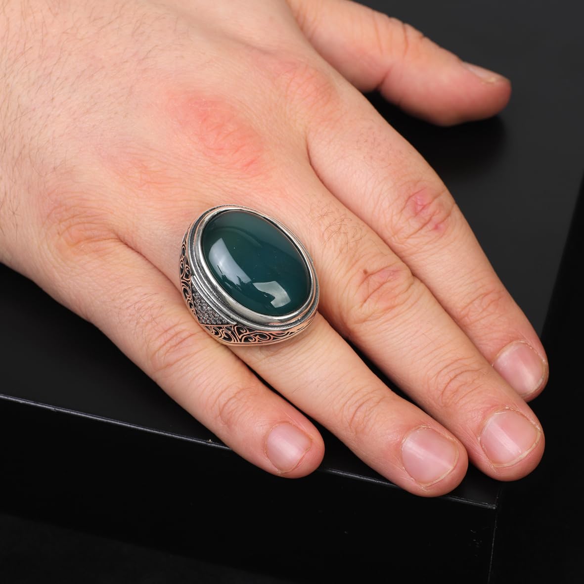 Jade Ring for Men – Chunky Sterling Silver Ring with Micro Sapphire Stone