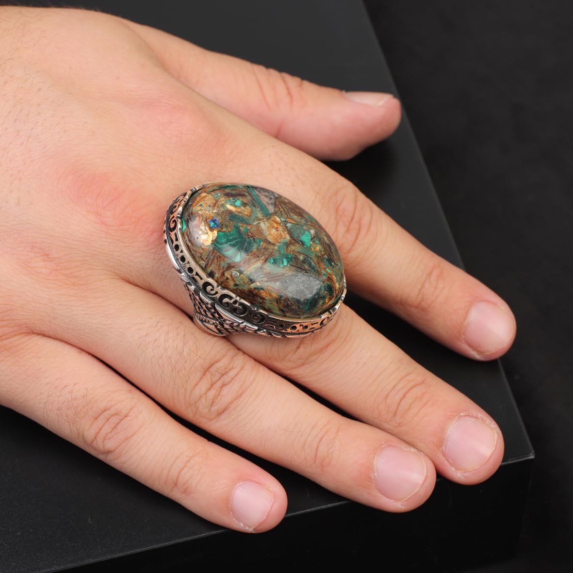 Vintage Ottoman Turquoise Ring in Chunky Sterling Silver – Men's Handmade Engagement Ring with Custom Engraving