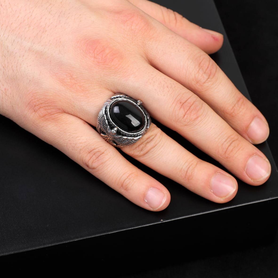 Handmade Onyx Gemstone Eagle Large Ring for Men Vintage 925 Sterling Silver