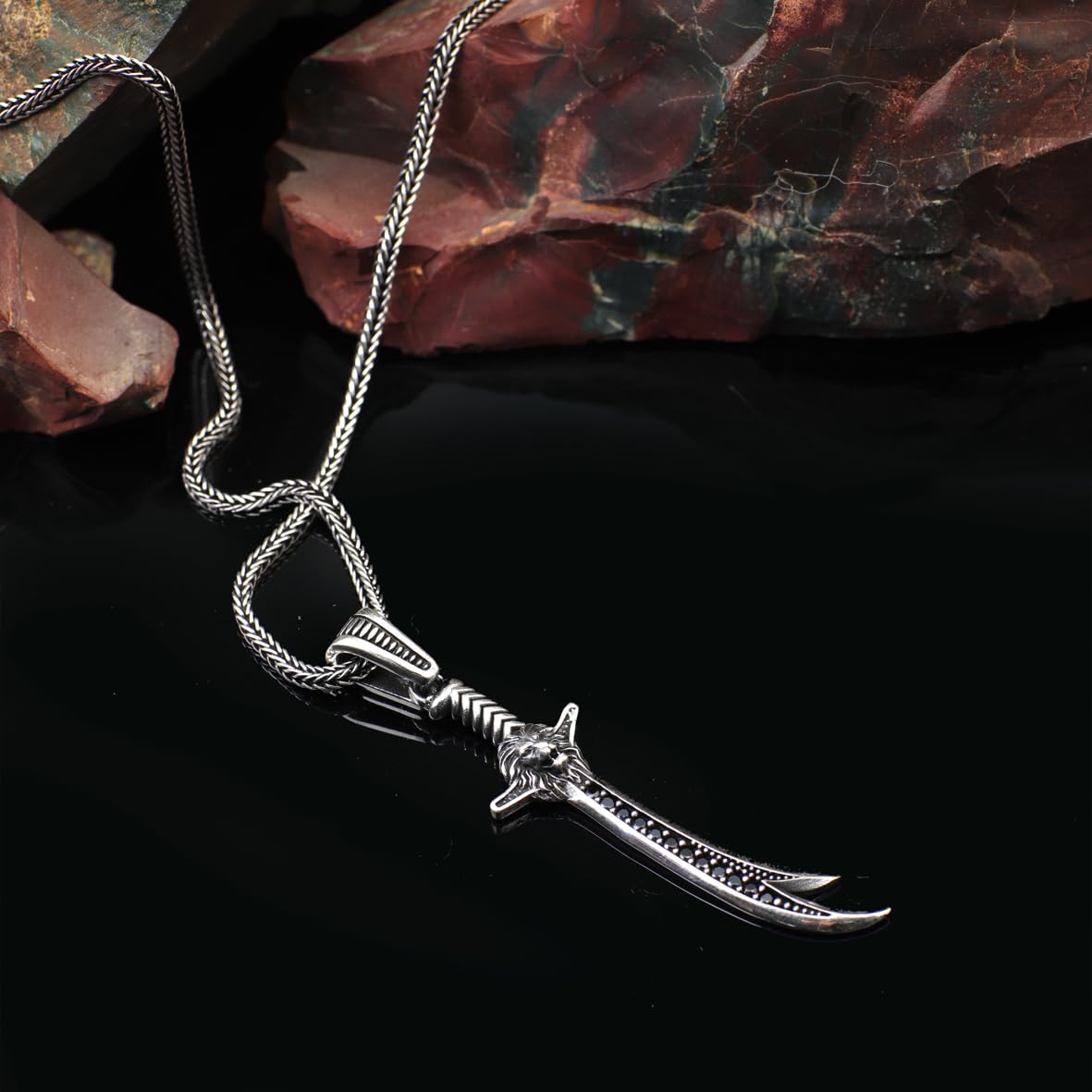 Sterling Silver Sword & Lion Necklace – Gothic Biker Mens Pendant on Silver Chain – Polished Silver Necklace + Cleaning Cloth Gift