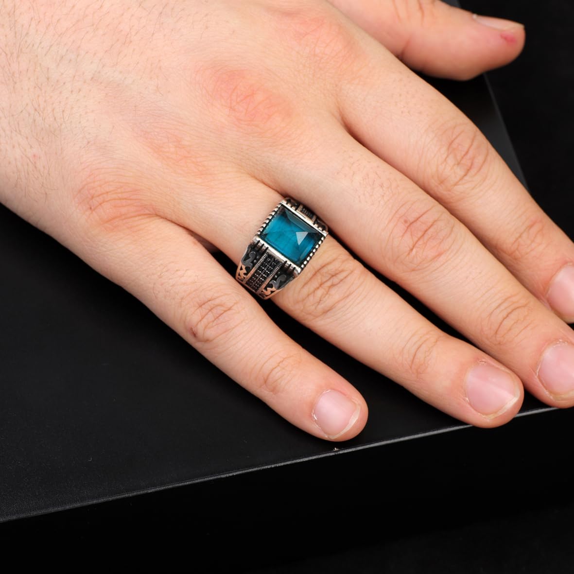 Handmade Aquamarine Gemstone Square Stone Ring for Men Vintage 925 Sterling Silver