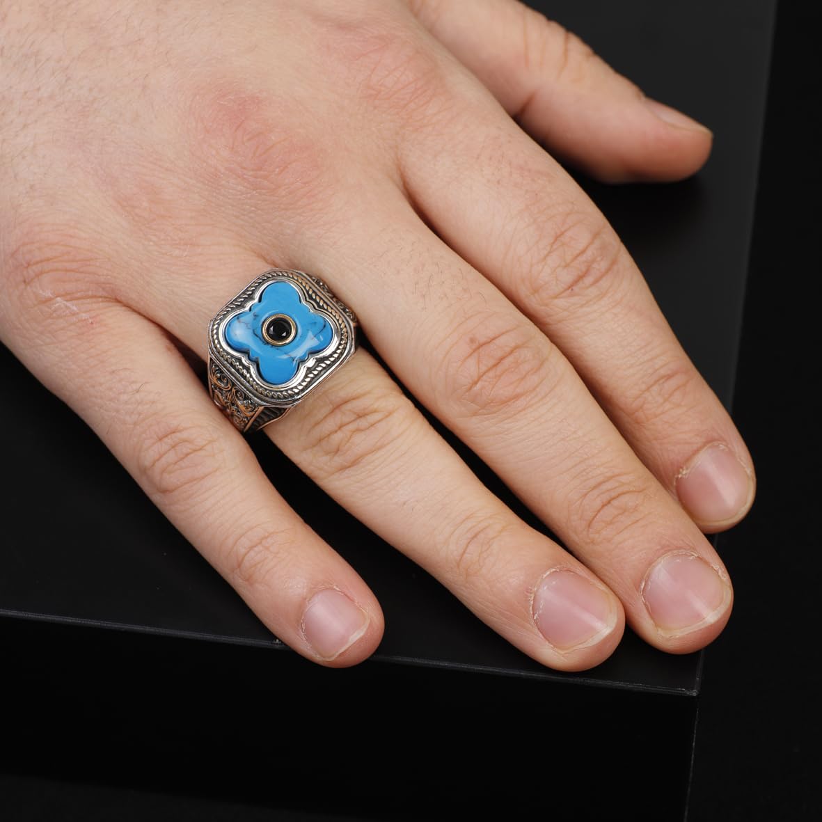 Genuine Turquoise Mens Ring with Black Onyx - Vintage Handmade 925 Sterling Silver Gemstone Ring for Men - Micro Stone Detailing - Includes Silver Polishing Cloth Gift
