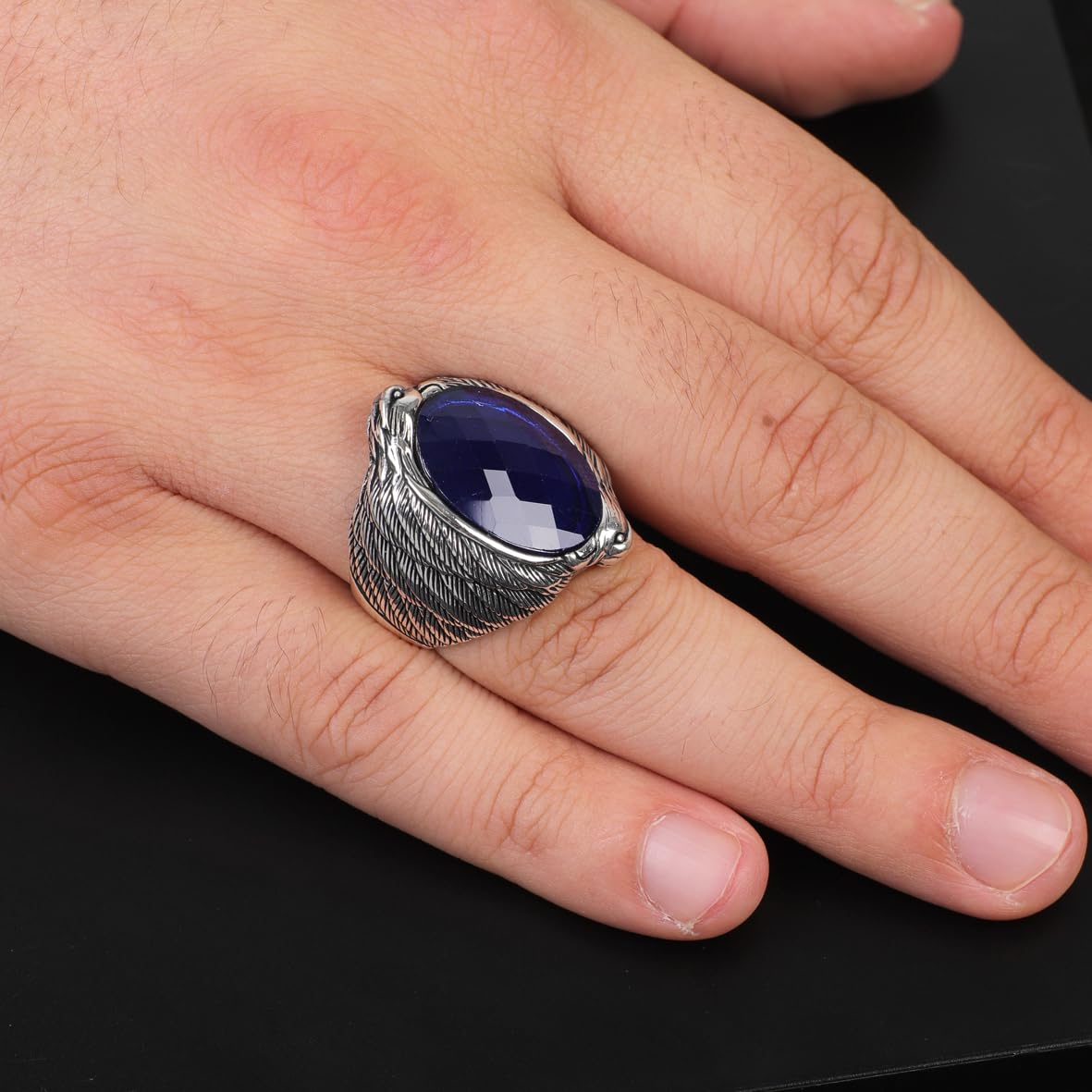 Handmade Vintage Sapphire Eagle Ring in Sterling Silver – Custom Engraved Men's Animal Jewelry Engagement Ring - Gift Silver Polishing Cloth