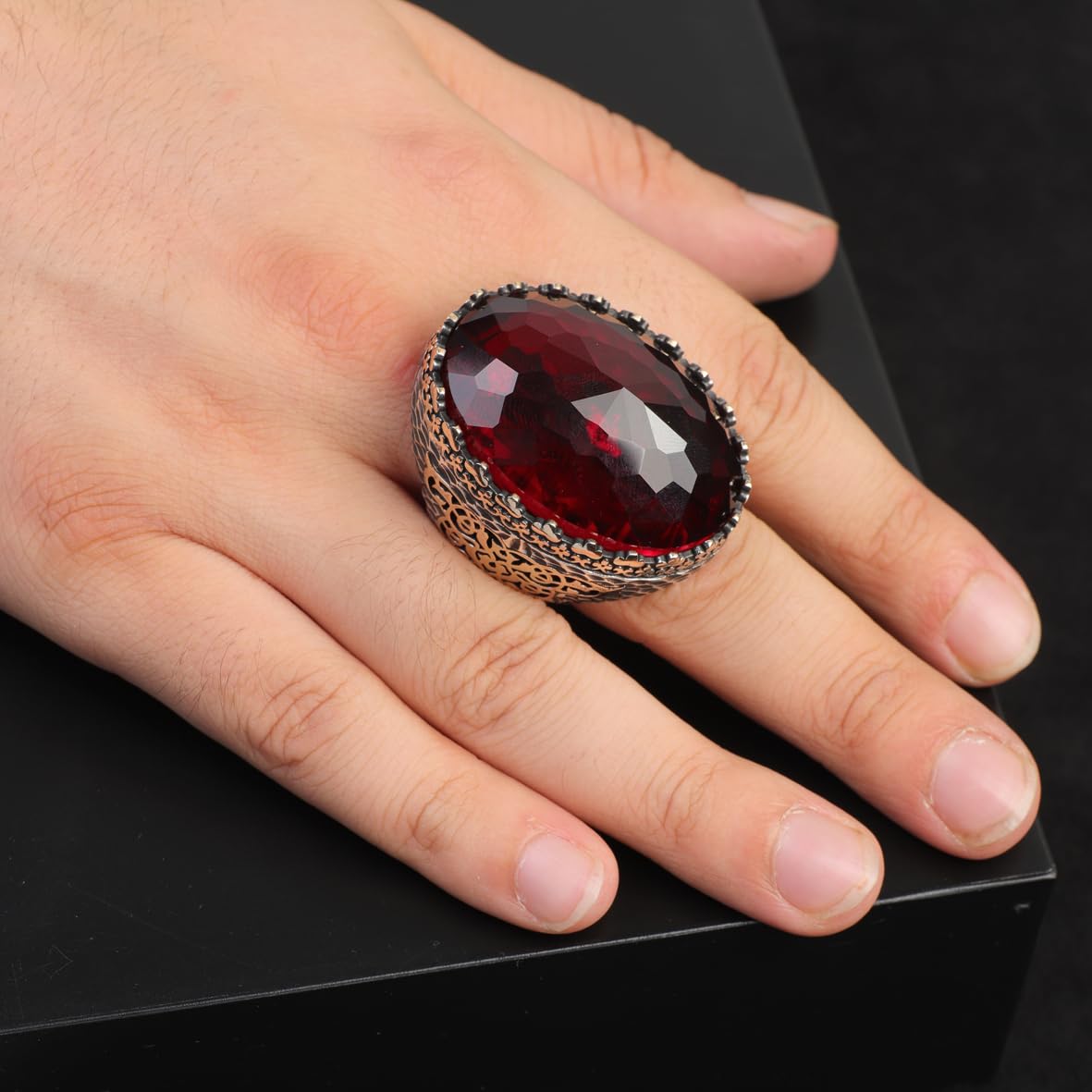 Men's Vintage Garnet Ring with Oval Stone - 925 Sterling Silver Large Ring