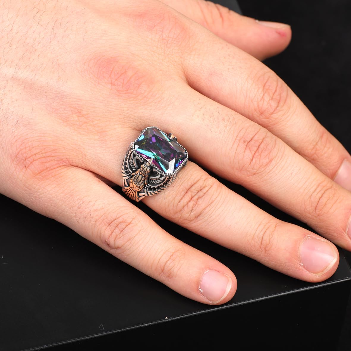 Mystic Topaz Ring with Eagle Design- Vintage Handmade Gemstone Men's Sterling Silver Ring - Includes Silver Polishing Cloth Gift