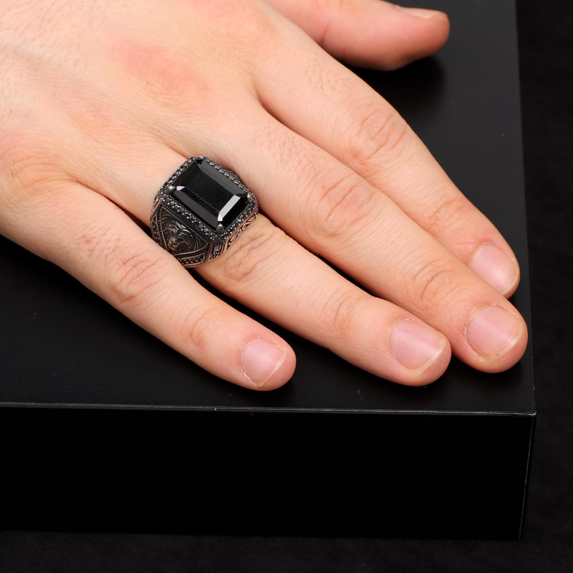 925 Sterling Silver Men's Black Onyx Lion Ring - "Black Onyx Lion Ring for Men - 925 Sterling Silver Black Onyx Gemstone - Birthday Gifts