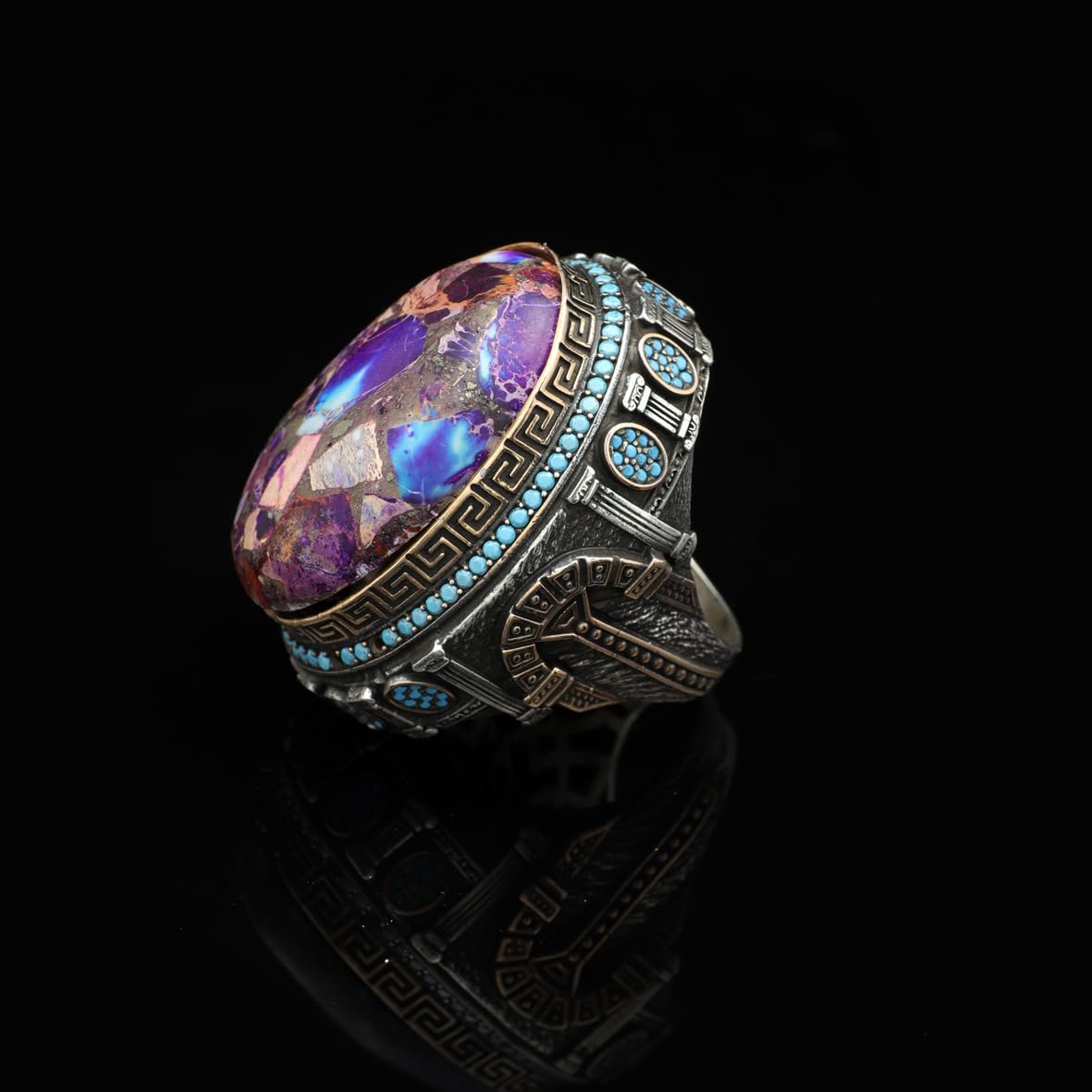 Handmade Special Turquoise and Micro Stone Ring – Large Oval Stone in Vintage Polished 925 Sterling Silver