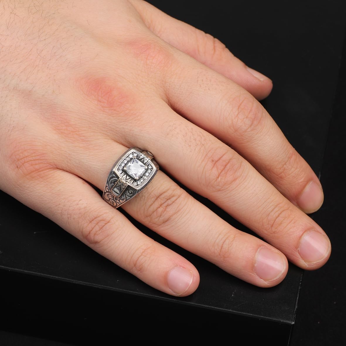Vintage White Sapphire Pinky Ring - Men's Gemstone Engagement Ring in 925 Sterling Silver - Turkish Handmade Polished Ring with Micro Stone and Silver Polishing Cloth Gift