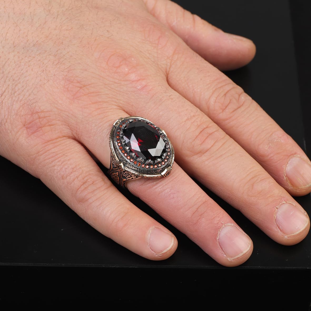 Garnet Ring for Men – Ottoman Vintage Gemstone Handmade Sterling Silver Engagement Ring with Custom Engraving – Mens Silver Rings + Gift Silver Polishing Cloth