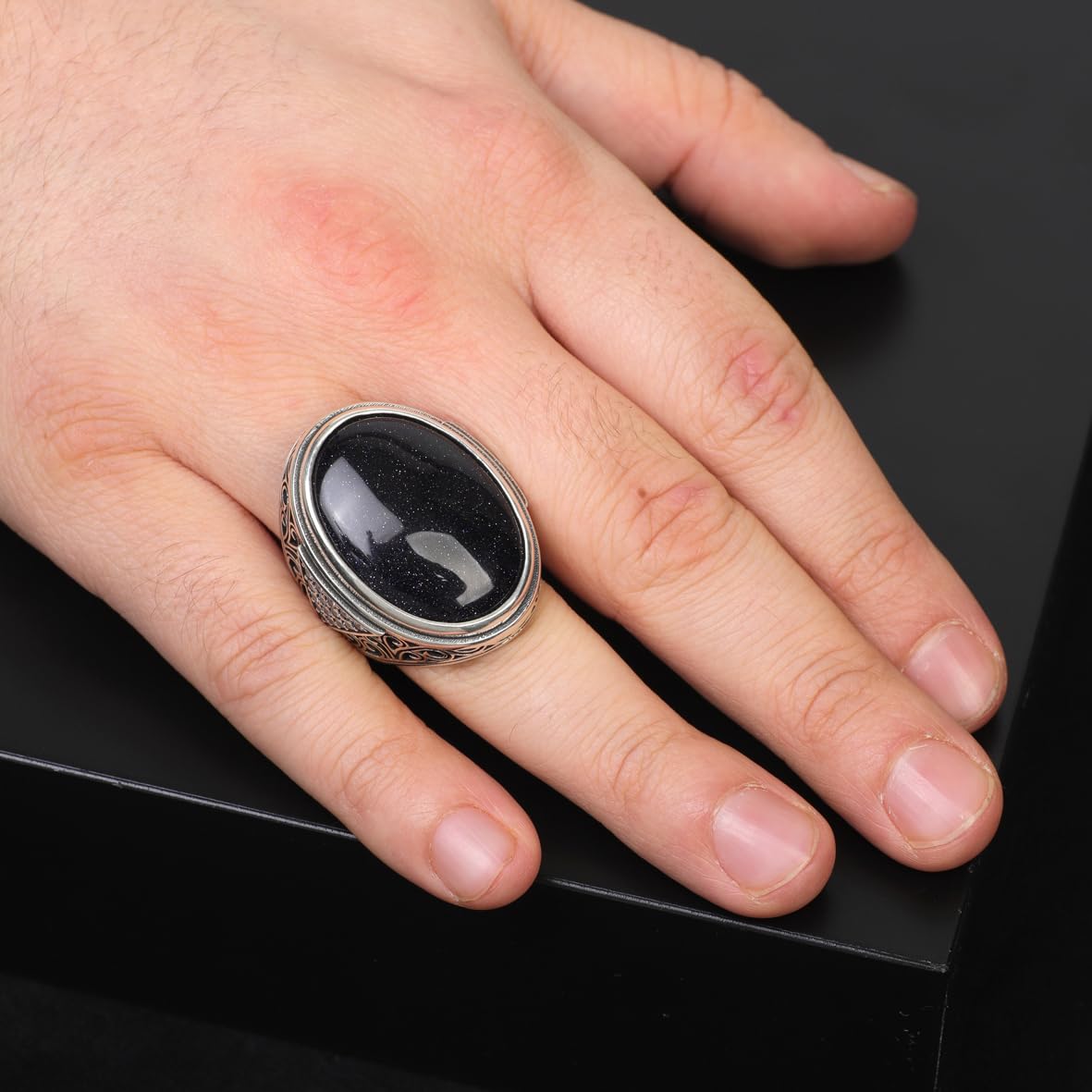 Space Onyx Stone Ring – Large Chunky Sterling Silver Ring with Micro Sapphire Stone
