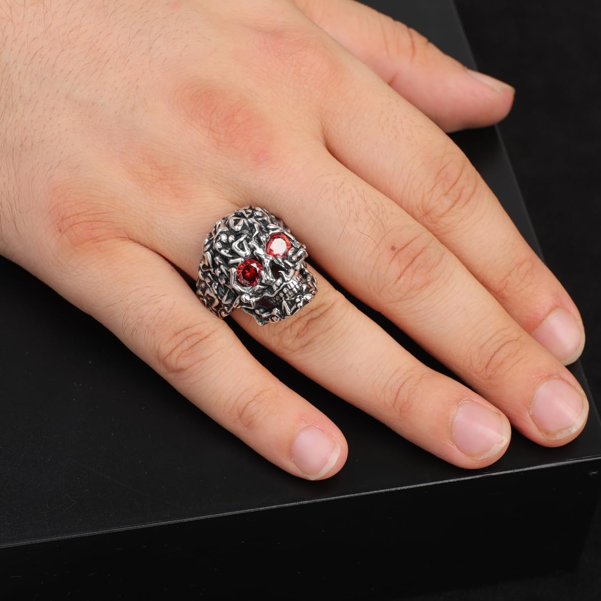 Handmade Vintage Skull Ring with Garnet Stone - Polished 925 Sterling Silver Men's Ring