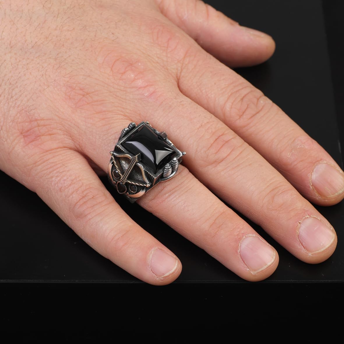 Vintage Onyx Sword Ring with Bow and Arrow Design – Handmade Sterling Silver Gemstone Ring for Men