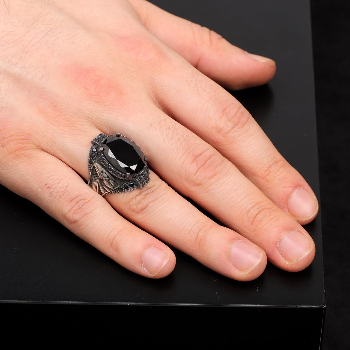 Sterling Silver Eagle Ring with Black Onyx - 925 Sterling Silver Eagle Ring with Black Onyx for Men - Birthday Gifts