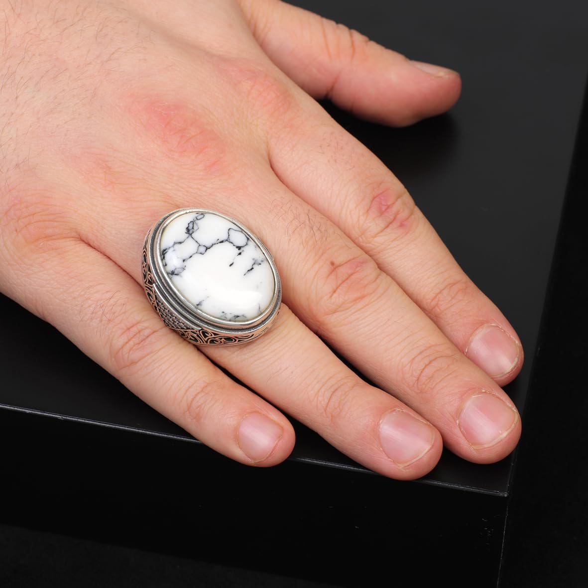 Mens White Turquoise Ring – Chunky Sterling Silver Ring with Micro Sapphire