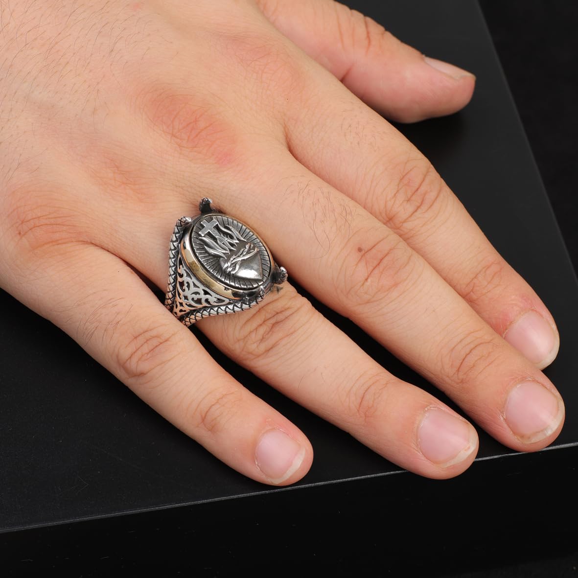 Vintage Claw Heart Cross Signet Ring for Men - 925 Sterling Silver Christian Statement Ring - Polished Handmade Engagement Ring with Custom Engraving
