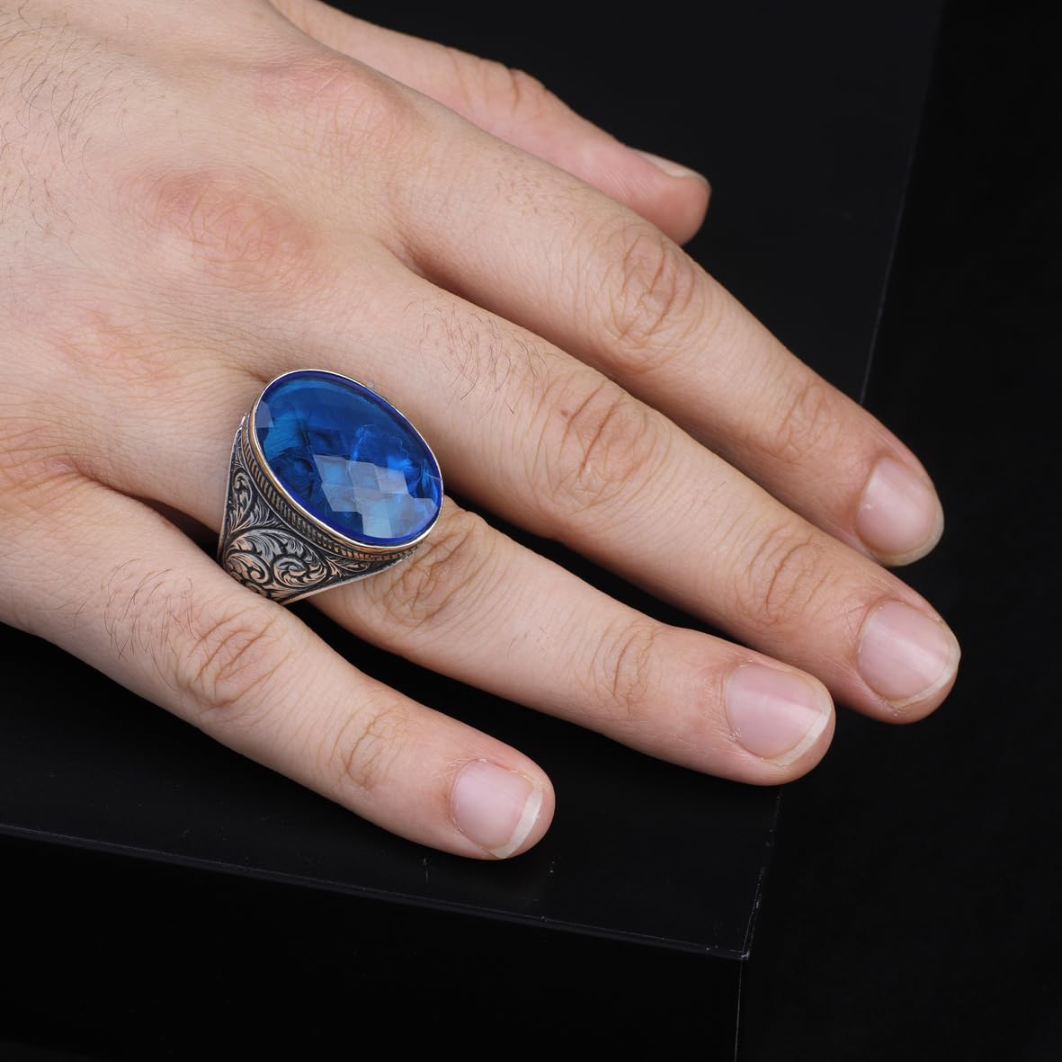 Vintage Handmade 925 Sterling Silver Men's Aquamarine Ring - 925 Sterling Silver Rings for Men - Handcrafted Ring for Men