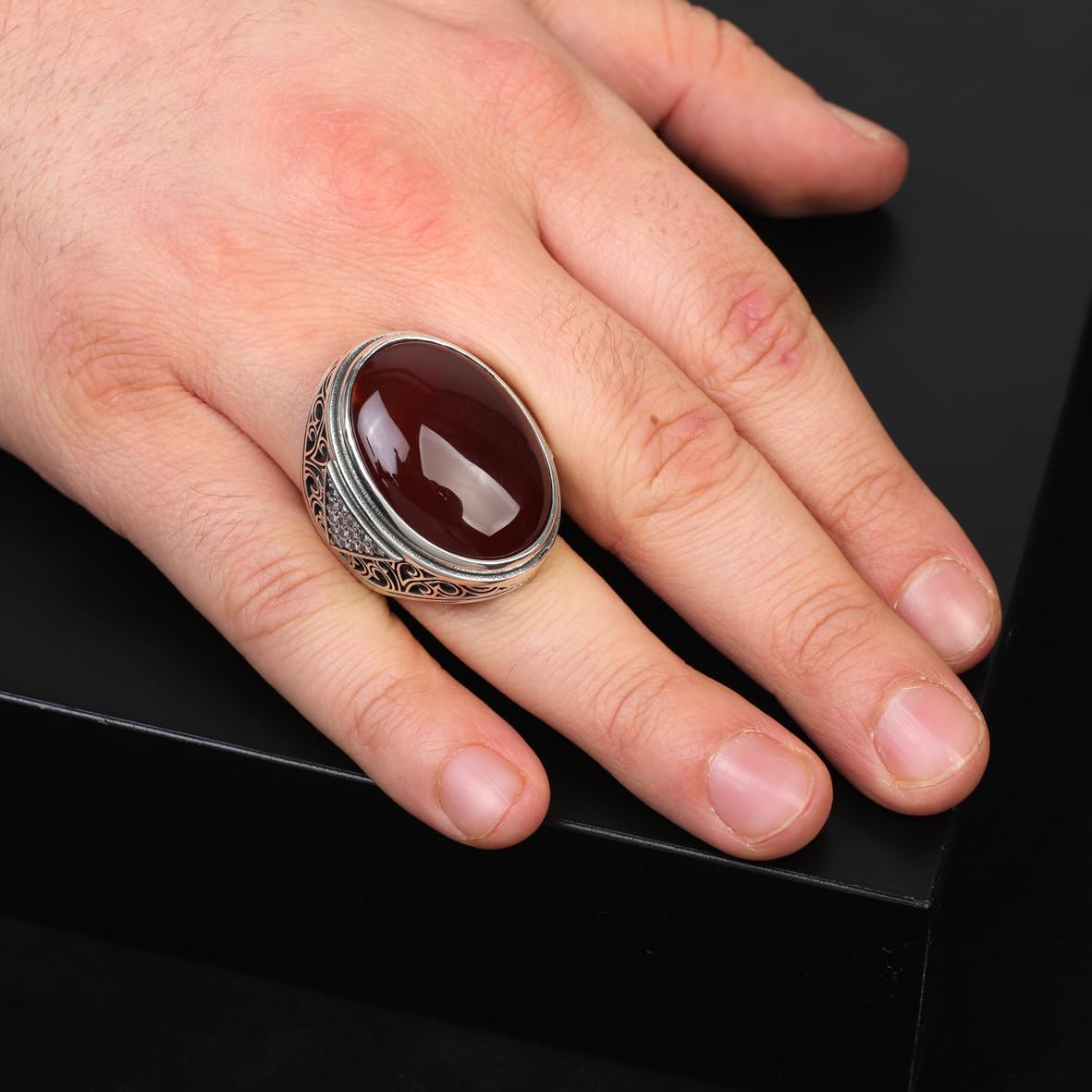 Carnelian Ring Sterling Silver for Men – Large Chunky Ottoman Gemstone Ring with Micro Sapphire – Handmade Vintage Engagement Ring with Custom Engraving