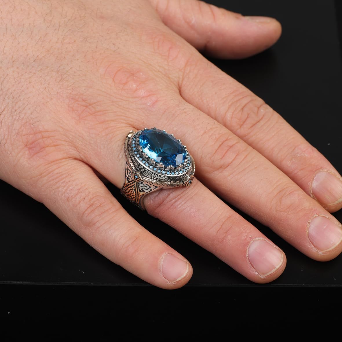 Aquamarine Ottoman Gemstone Ring for Men – 925 Sterling Silver Vintage Handmade Rings – Custom Engraving Engagement Ring with Gift Silver Polishing Cloth