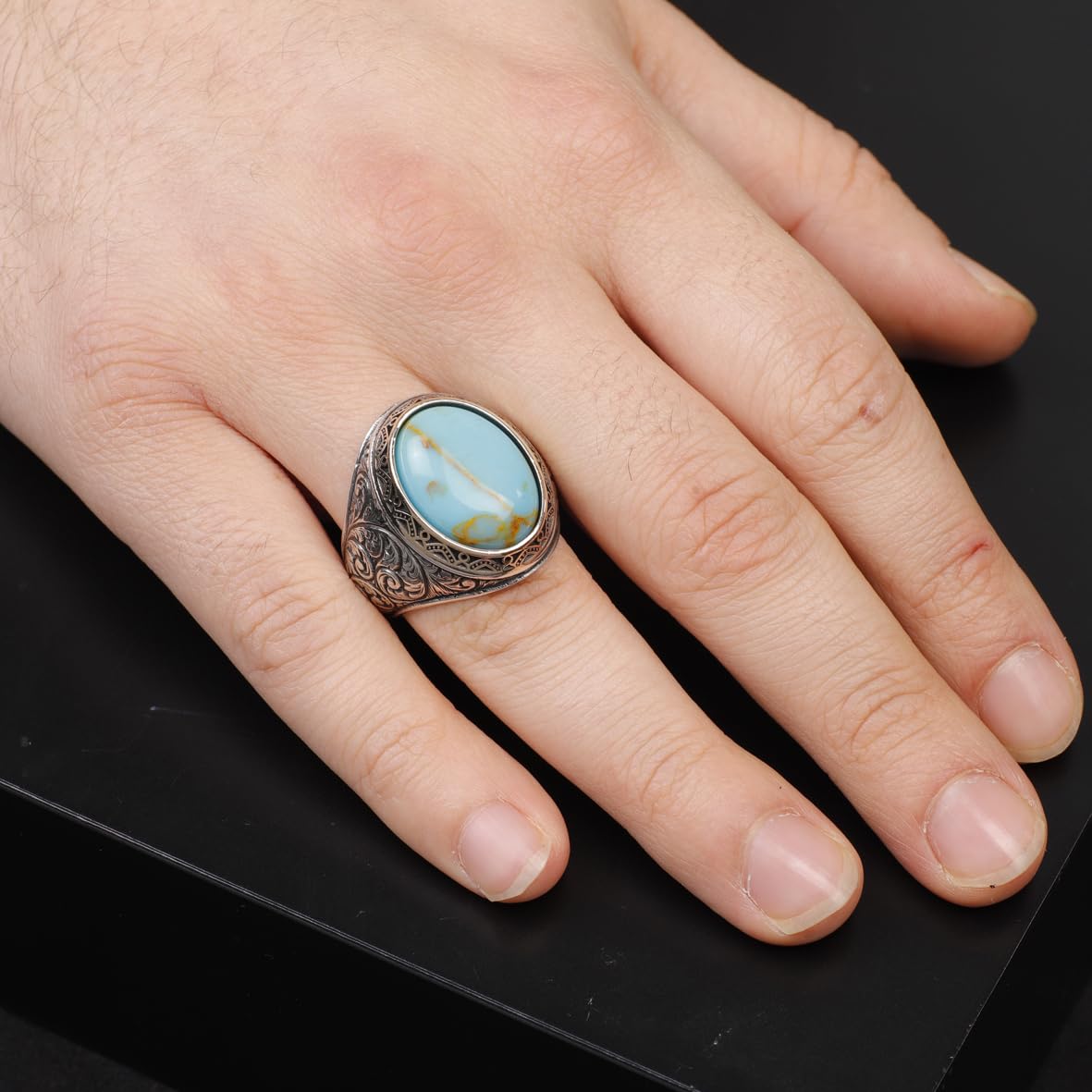 Handmade Genuine Men's Turquoise Ring - 925 Sterling Silver Gemstone Jewelry with Silver Polishing Cloth Gift