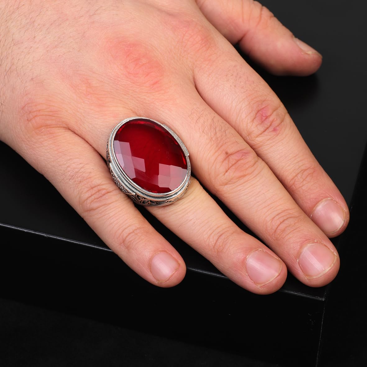 Garnet Ring – Large Chunky Silver Ottoman Gemstone Ring with Micro Sapphire Stone – Handmade Sterling Silver Ring for Men – Vintage Engagement Ring with Custom Engraving