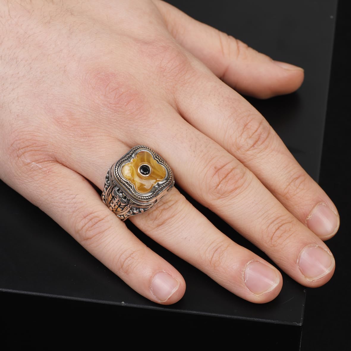 Vintage Handmade Squeeze Amber Ring with Micro Onyx Stone - Men's 925 Sterling Silver Gemstone Jewelry Gift Set with Silver Polishing Cloth