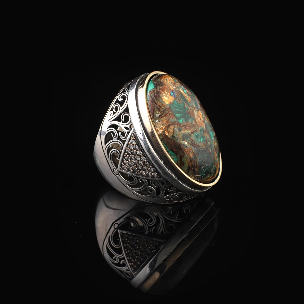 Vintage Men’s Turquoise & Micro Sapphire Gemstone Ring – Chunky Ottoman Sterling Silver Engagement Ring