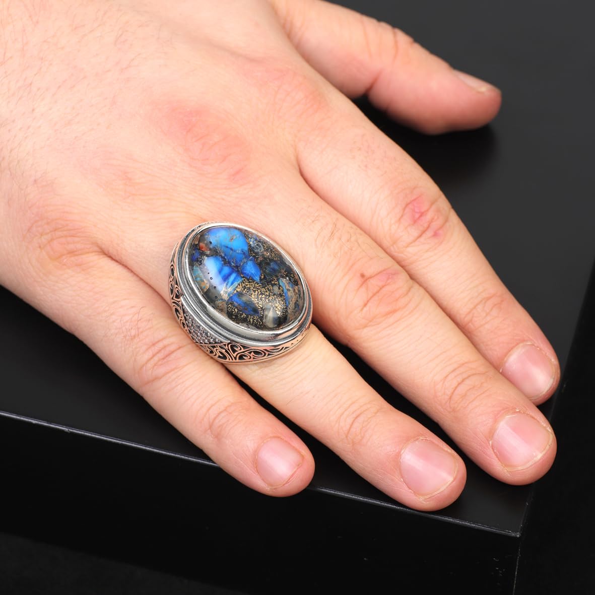 Handmade Special Turquoise Gemstone Ring – Large Chunky Ottoman Sterling Silver Ring for Men – Micro Sapphire Accent – Vintage Style Engagement Ring with Custom Engraving