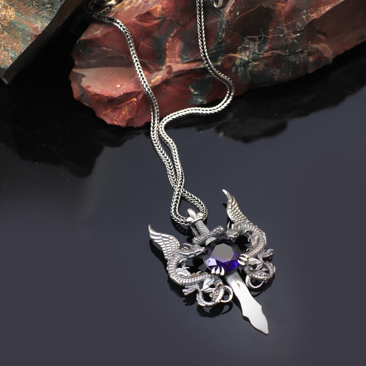 Dragon Necklace with Sapphire & Sword Pendant – Sterling Silver Gothic Biker Mens Necklace with Silver Chain - Silver Cleaning Cloth Gift