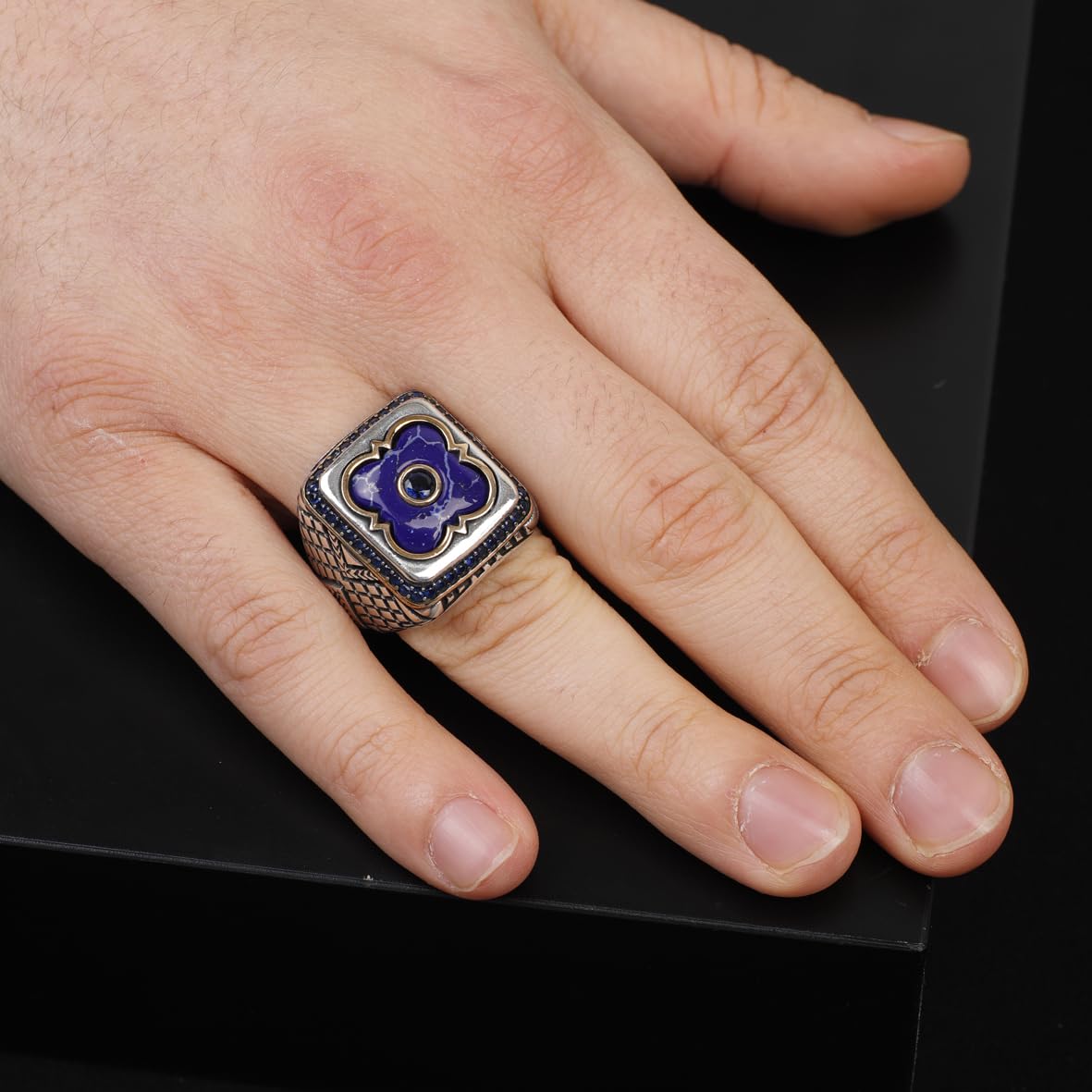 Lapis Lazuli and Onyx Men's Ring with Micro Stone Accents - Vintage Handmade 925 Sterling Silver Jewelry