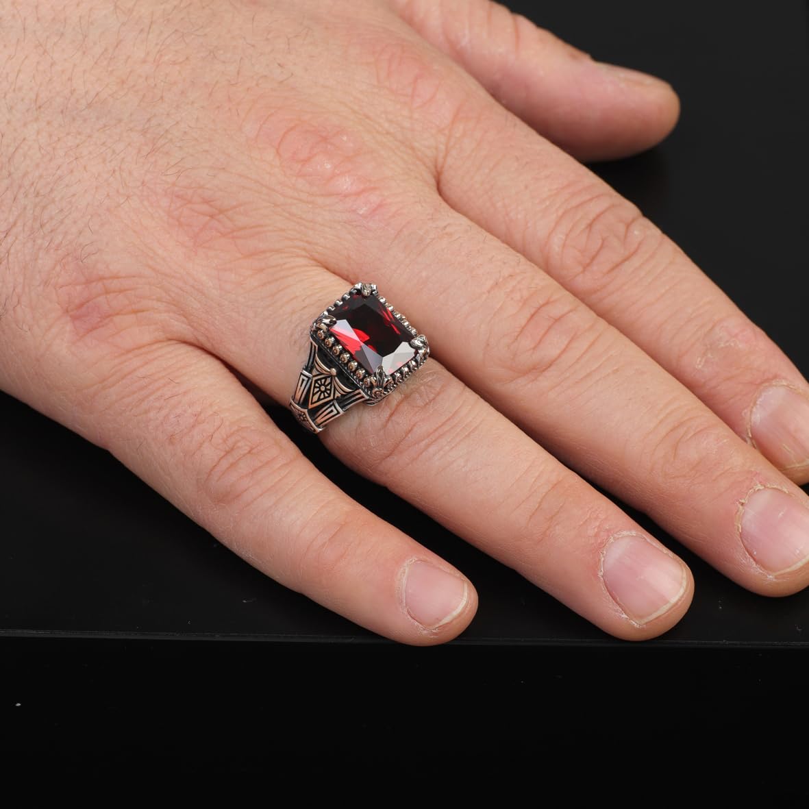 Handmade Garnet Pinky Ring - Vintage Ottoman Style Sterling Silver Ring for Men with Custom Engraving - Men's Gemstone Engagement Ring with Silver Polishing Cloth Gift