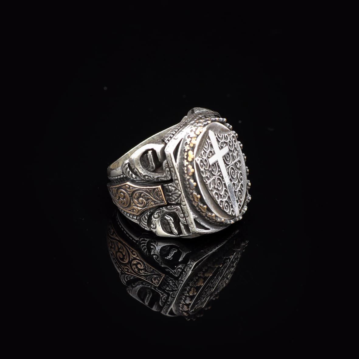 Vintage Shield Cross Signet Ring for Men - 925 Sterling Silver Christian Statement Ring - Polished Handmade Engagement Ring with Custom Engraving
