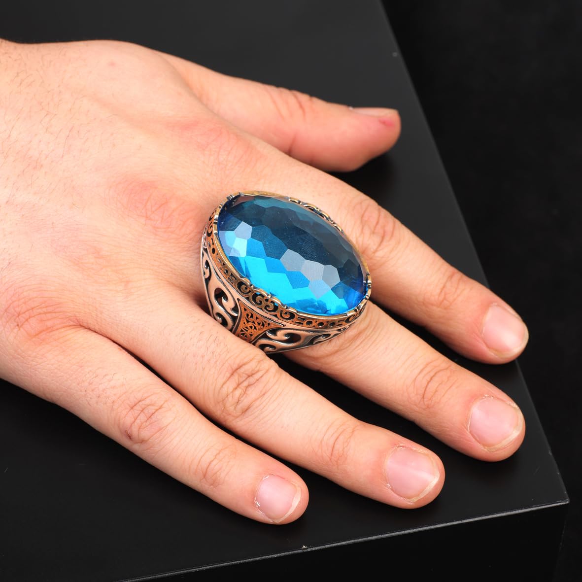 Aquamarine Ring - Oval Stone Large Gemstone Ring for Men Vintage Ottoman Handmade 925 Sterling Silver Rings with Silver Polishing Cloth Gift