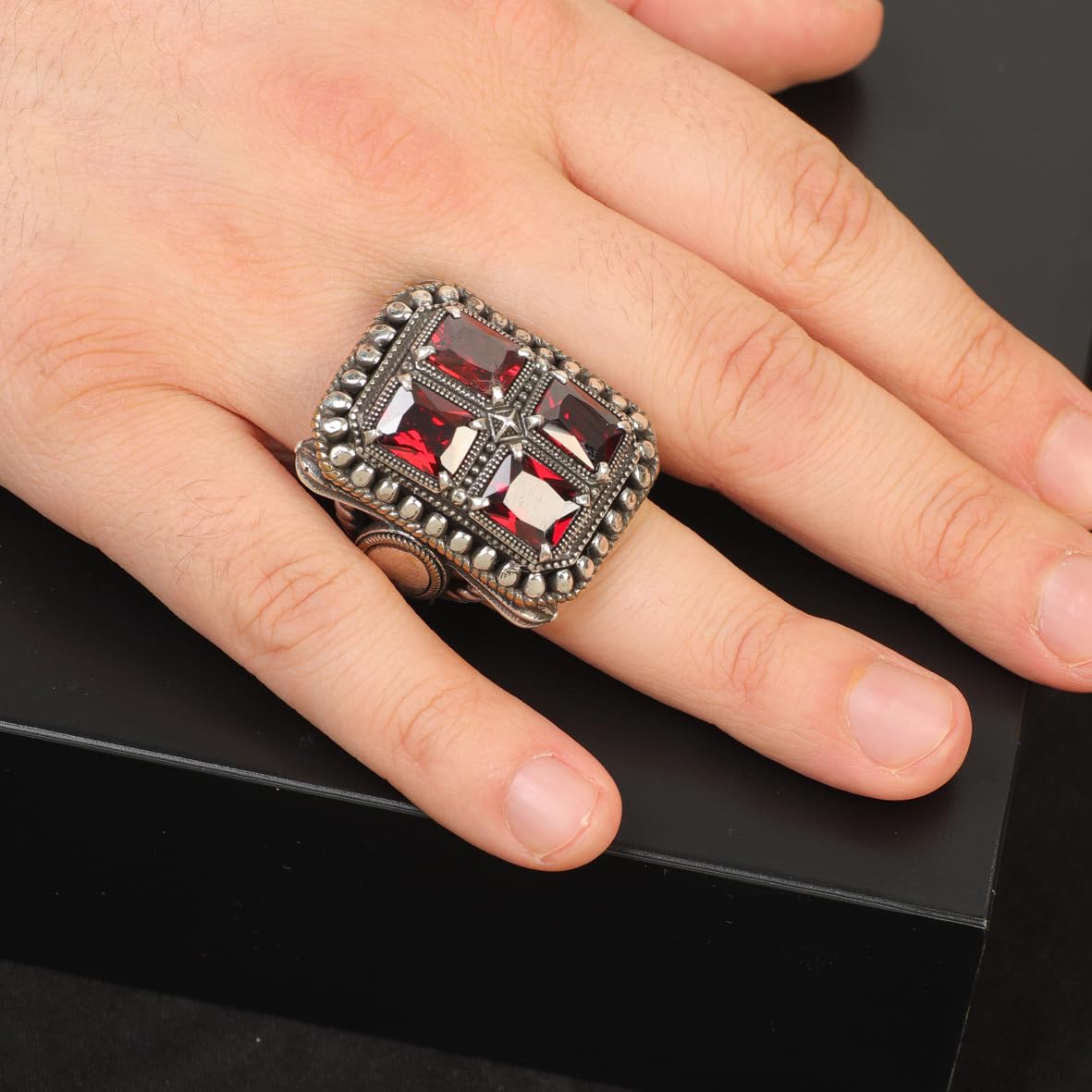 Garnet White Sapphire Large Statement Ring Whiskey Barrel Chunky Silver Ottoman Vintage 925 Sterling Engagement Promise Gemstone Gift for Husband