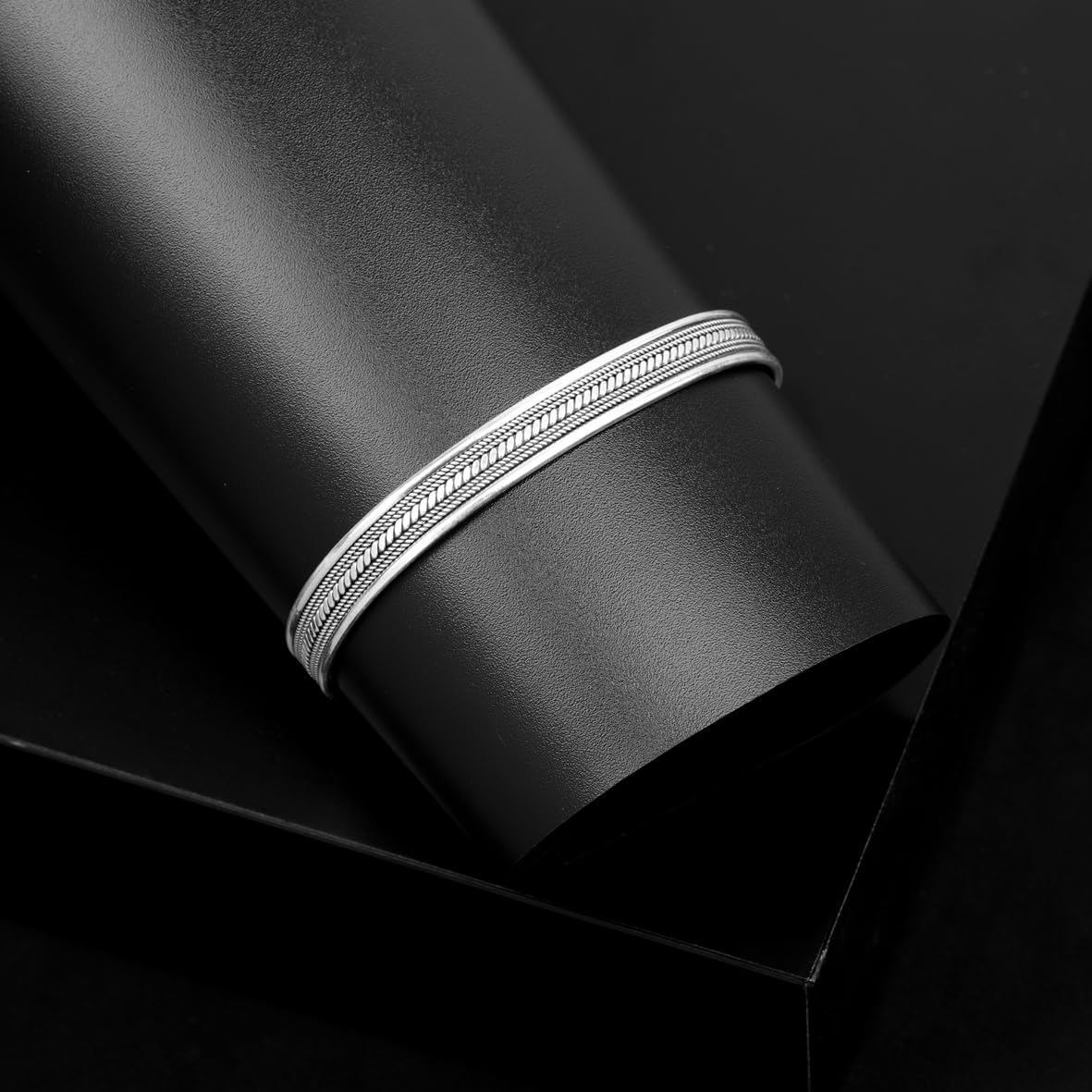 Men Thick Silver Band Bracelet – Handmade Sterling Silver Cuff Bracelet with Embroidered Design