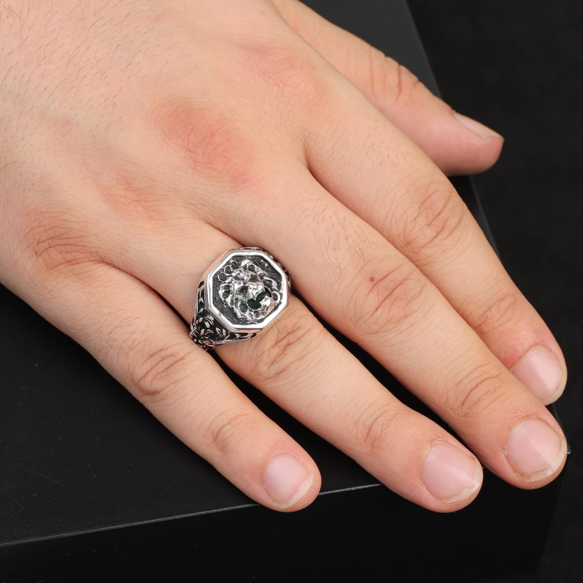 Handmade Vintage Lion Signet Pinky Ring - 925 Sterling Silver Men's Engagement Ring with Micro Jade Gemstone