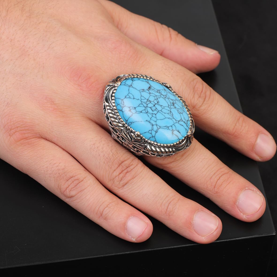 Handmade Men's Turquoise Ring – Chunky Sterling Silver Engagement Ring with Vintage Ottoman Design