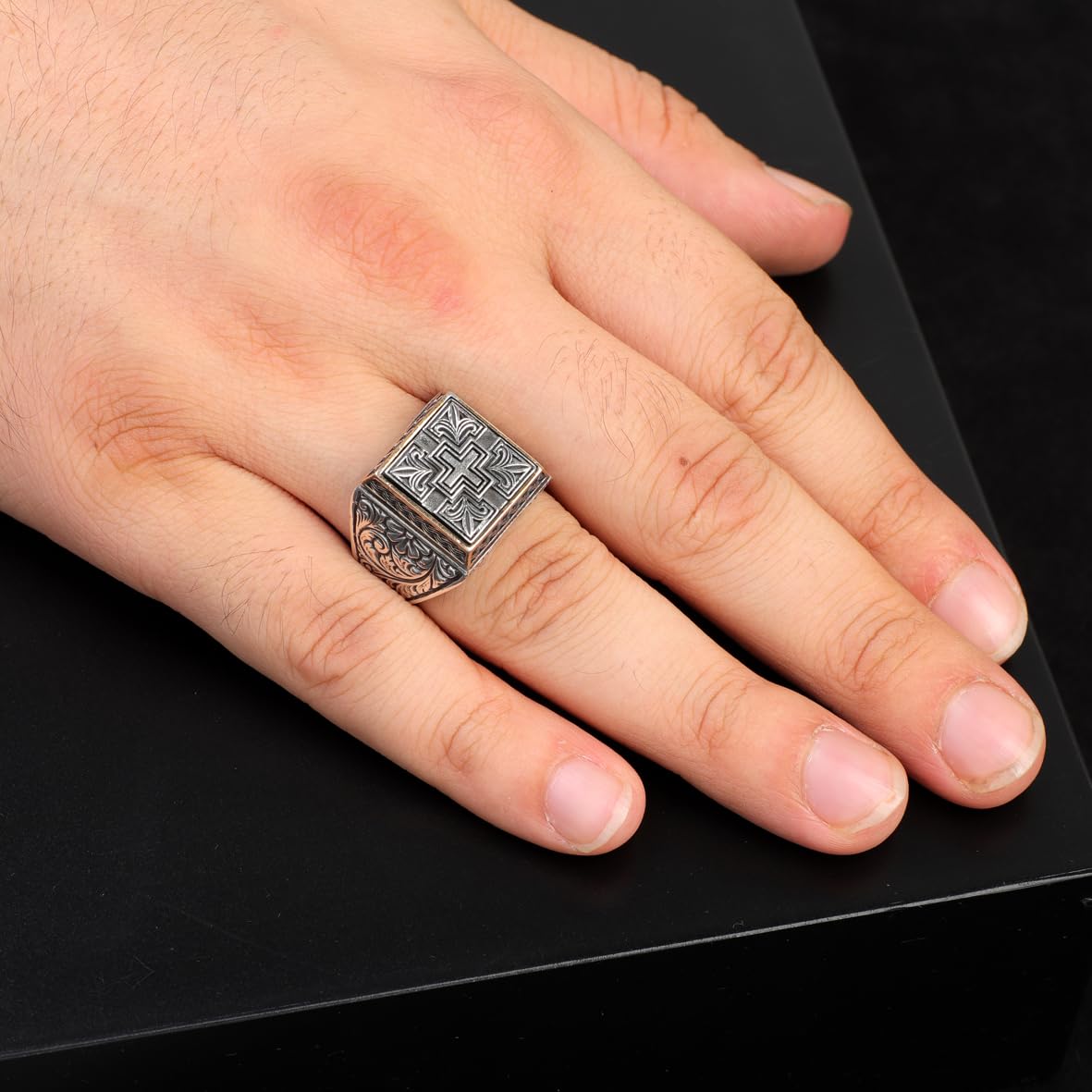 Vintage Cross Signet Ring for Men - 925 Sterling Silver