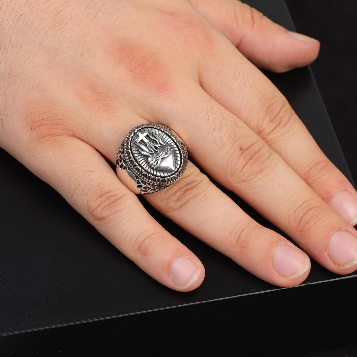 Vintage Heart Design Cross Signet Ring for Men - 925 Sterling Silver Christian Statement Ring - Polished Handmade Engagement Ring with Custom Engraving