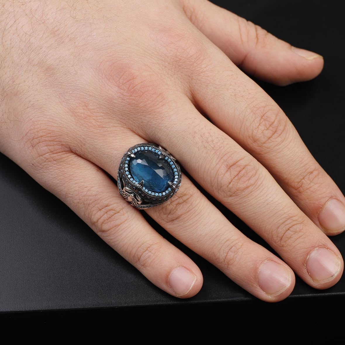 Handmade 925 Sterling Silver Scorpion Ring for Men - Man Silver Aquamarine Stone Ring - Unique Gemstone Jewelry with Aquamarine Stone and Silver Polishing Cloth Gift