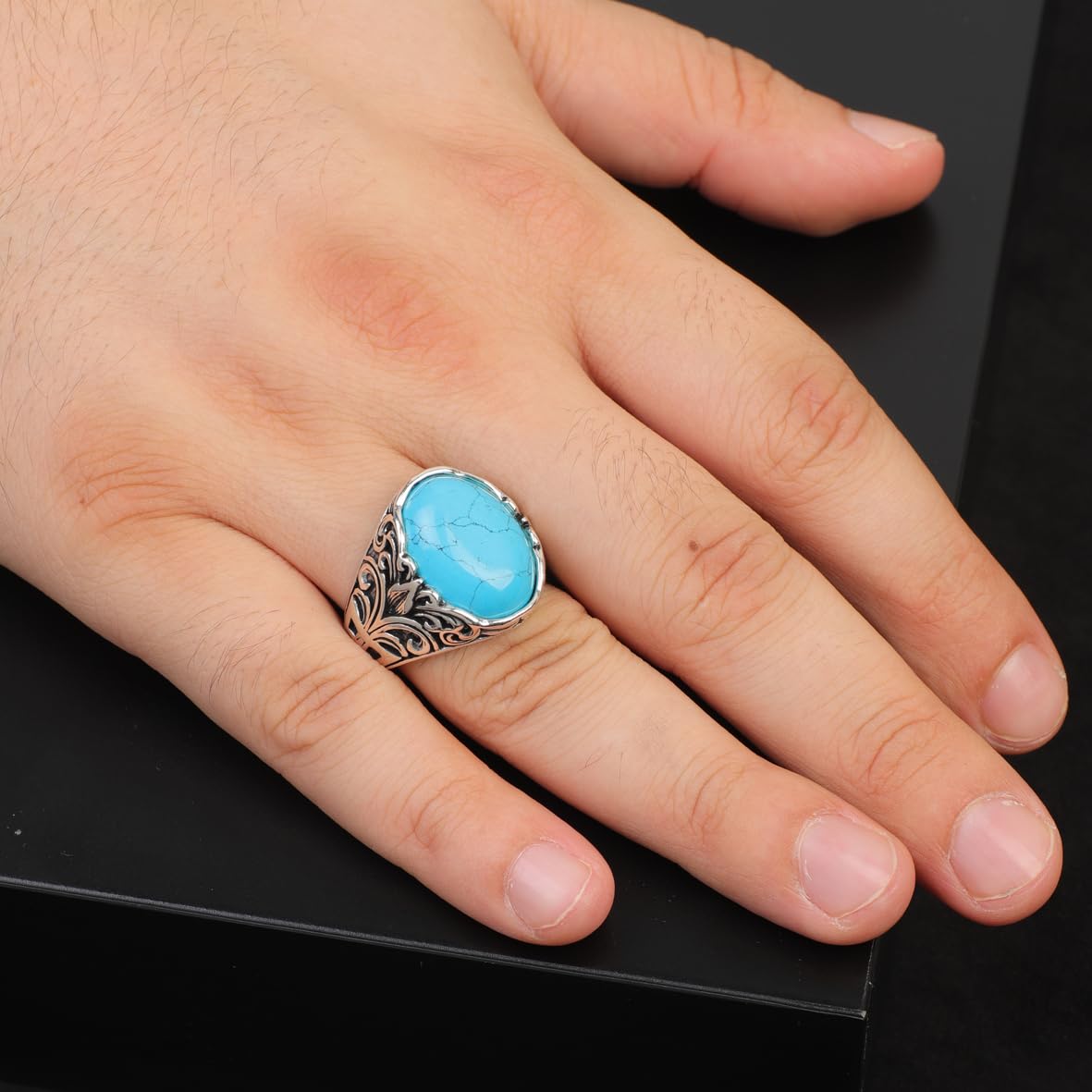 925 Sterling Silver Men's Turquoise Gemstone Ring – Large Oval Ottoman Ring